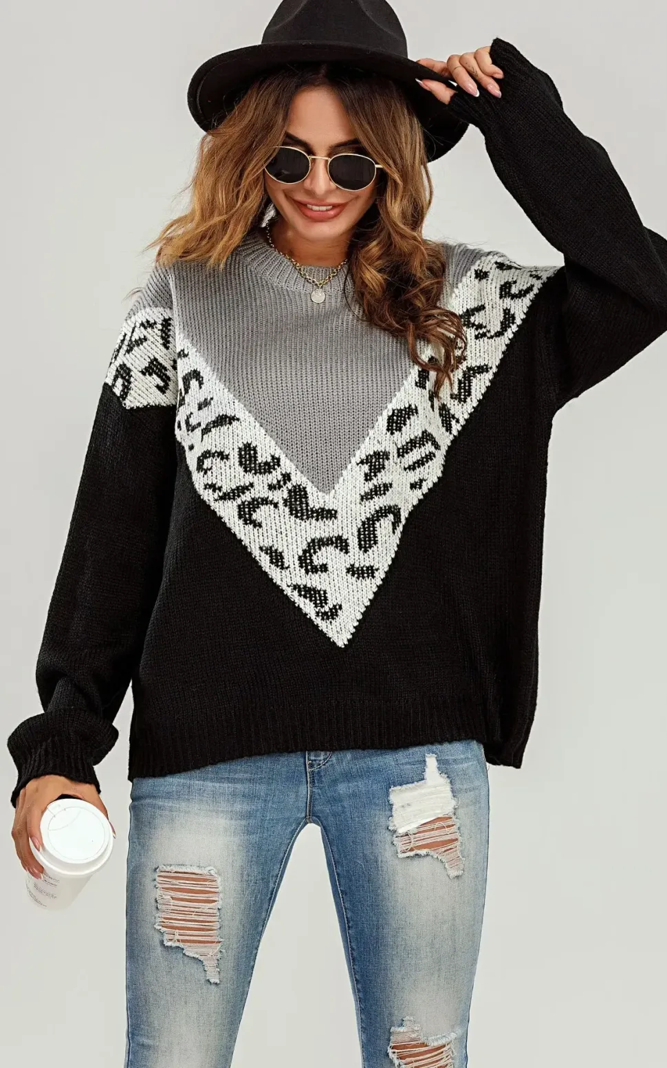 White Leopard Striped Jumper In Black & Grey