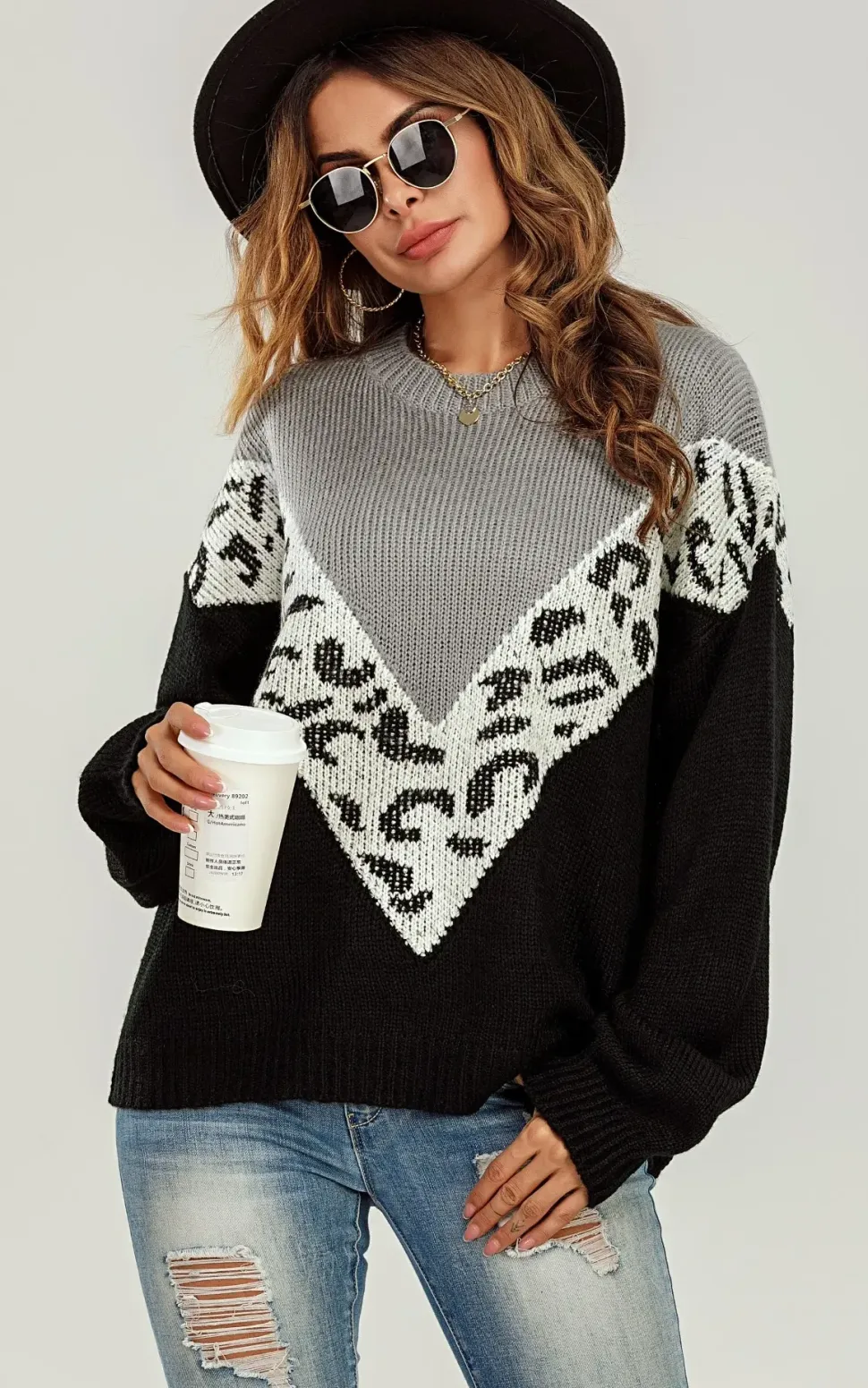 White Leopard Striped Jumper In Black & Grey