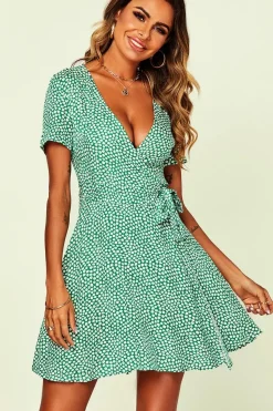 White Little Floral Print Mini Wrap Dress In Green