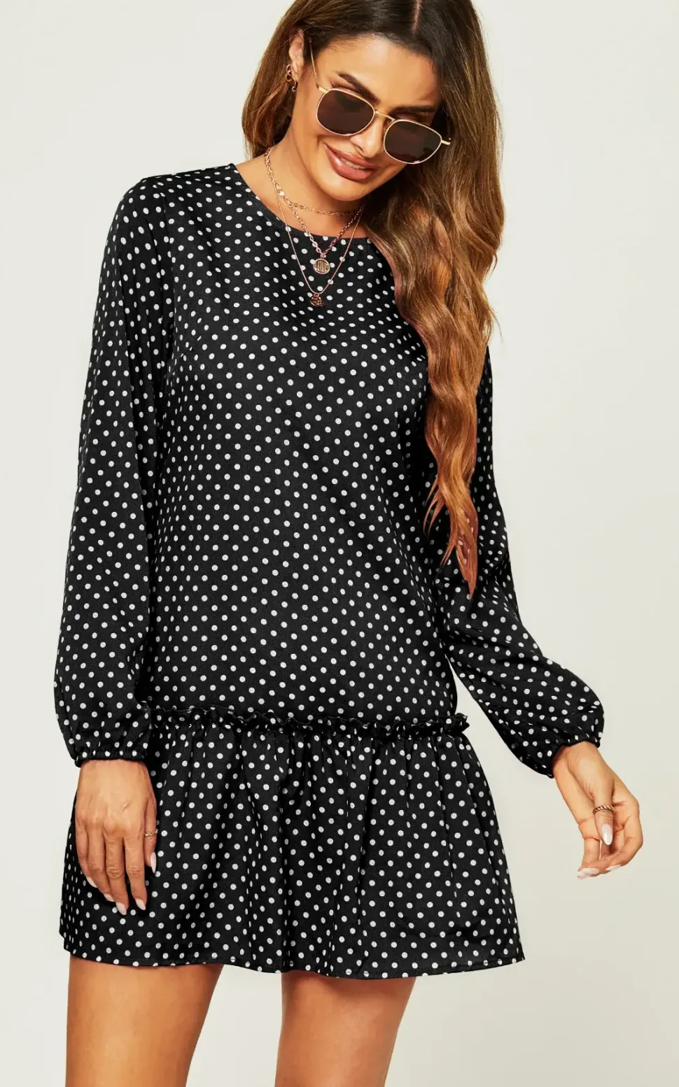 White Polka Dot Print High Neck Long Sleeve Frill Detail Pleated Skirt Midi Dress