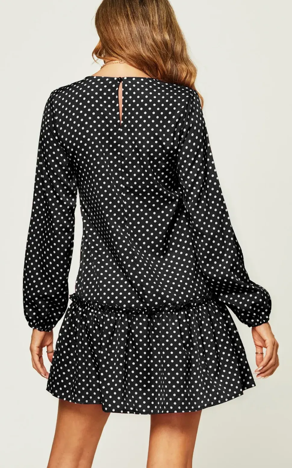 White Polka Dot Print High Neck Long Sleeve Frill Detail Pleated Skirt Midi Dress