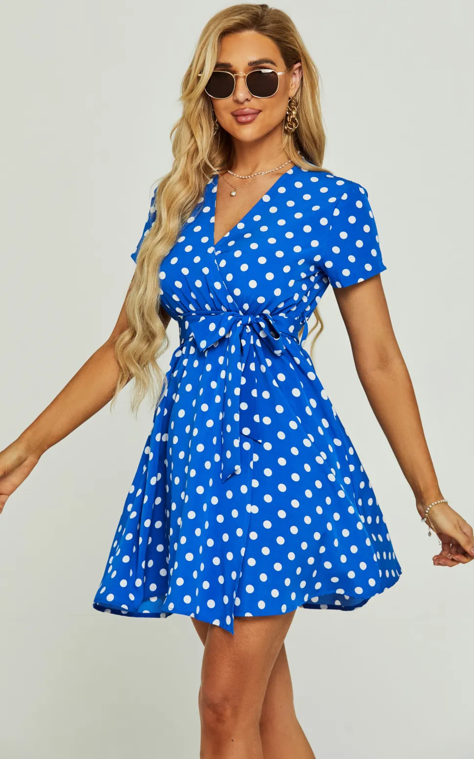 White Polka Dot Print High Waist Wrap Neckline Mini Dress In Blue
