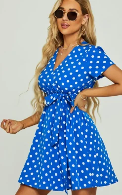 White Polka Dot Print High Waist Wrap Neckline Mini Dress In Blue
