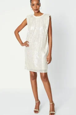 White Sequin Shoulder Pad Shift Dress