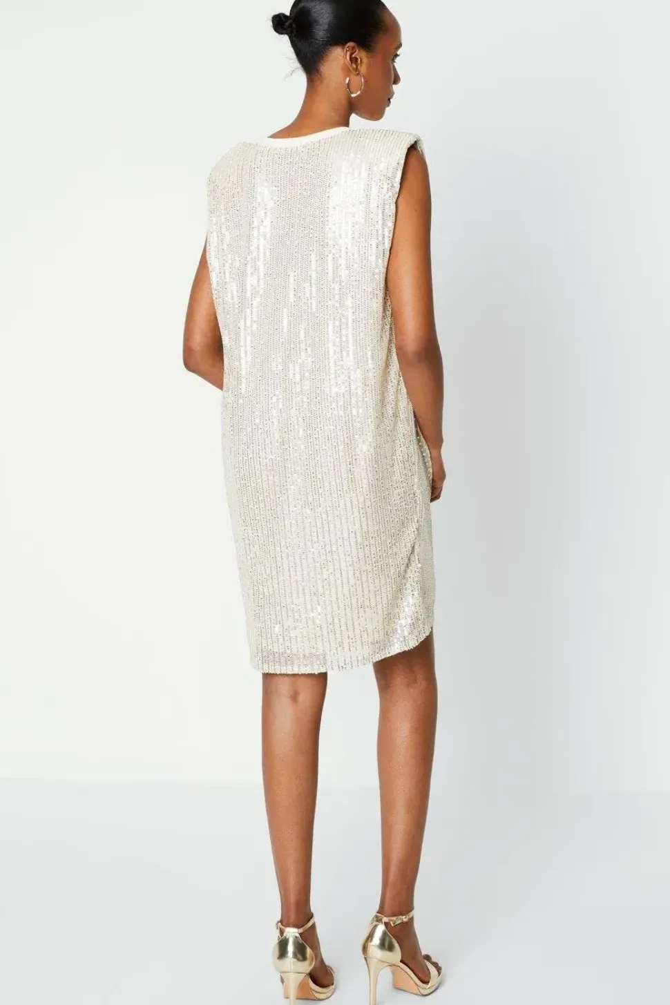 White Sequin Shoulder Pad Shift Dress