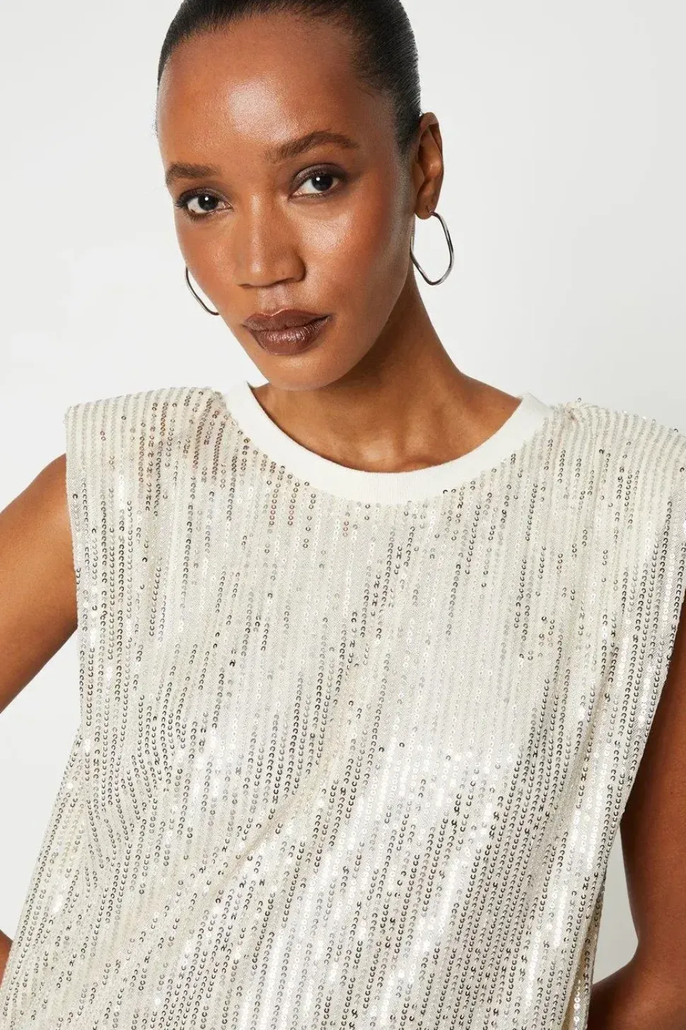 White Sequin Shoulder Pad Shift Dress