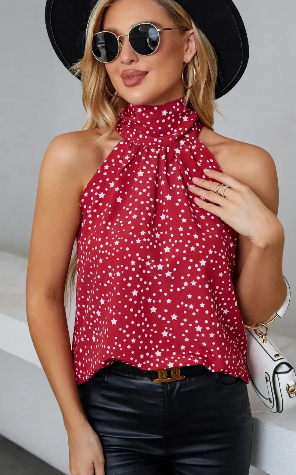 White Star Print Halter Neck Tie Back Top In Red