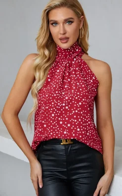 White Star Print Halter Neck Tie Back Top In Red