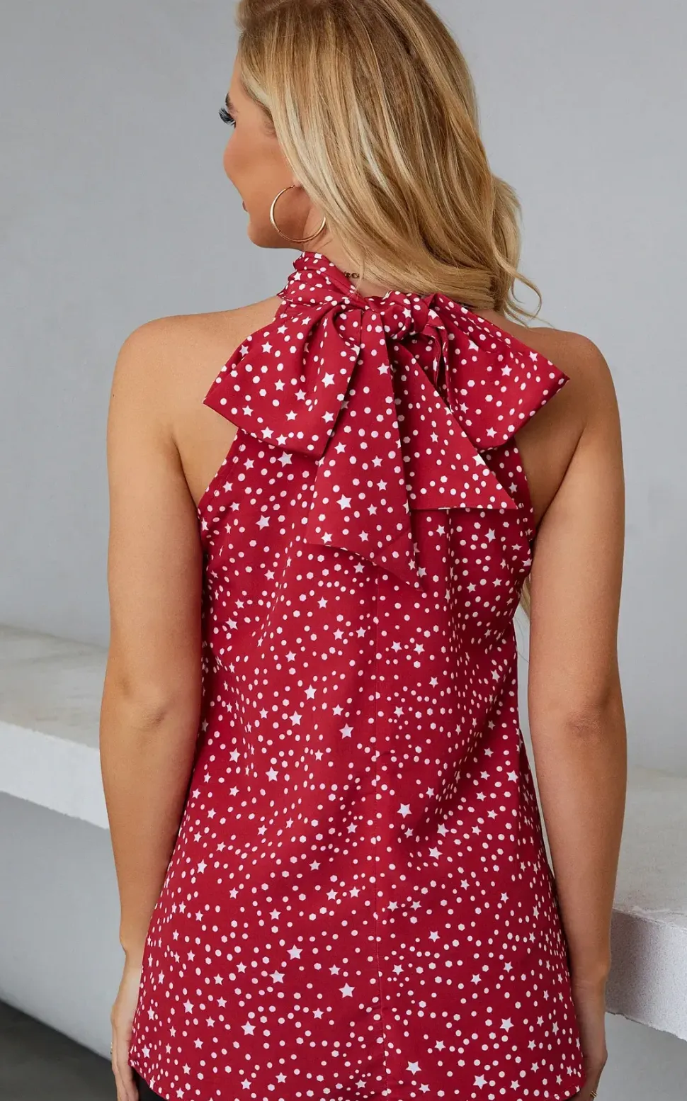White Star Print Halter Neck Tie Back Top In Red