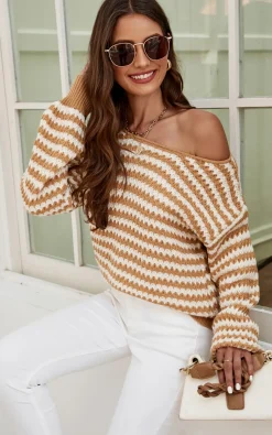 White Stripe Relaxed Knit Jumper Top In Camel