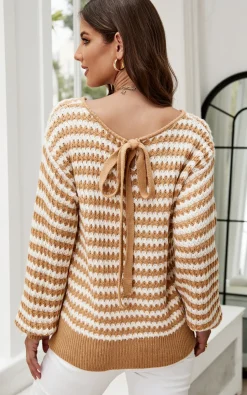 White Stripe Relaxed Knit Jumper Top In Camel