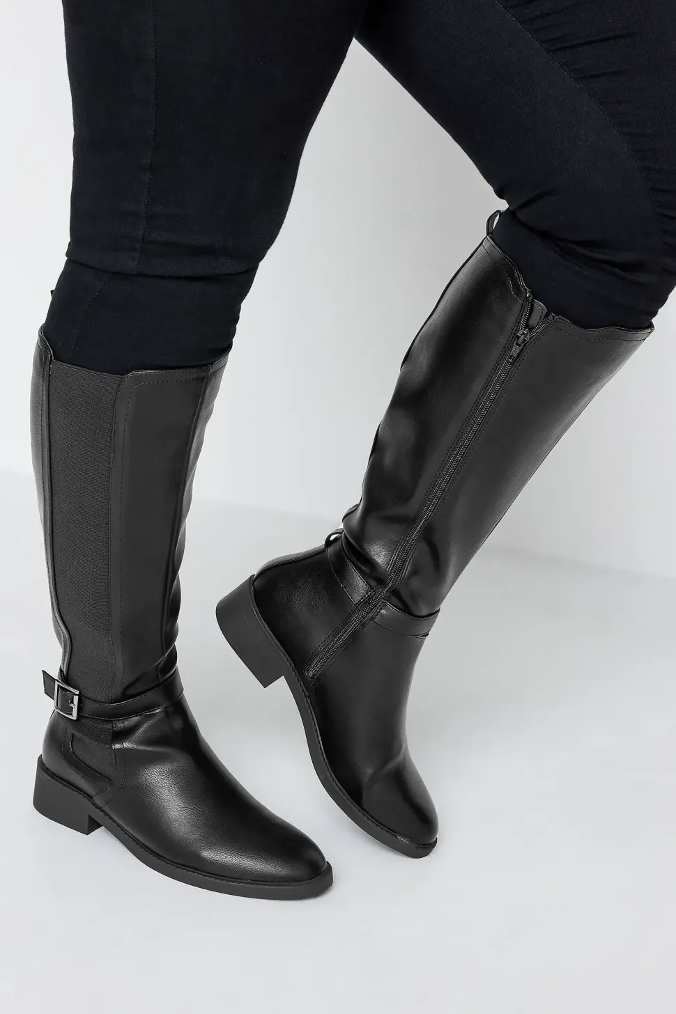 Wide & Extra Wide Fit Faux Leather Buckle Knee High Boots