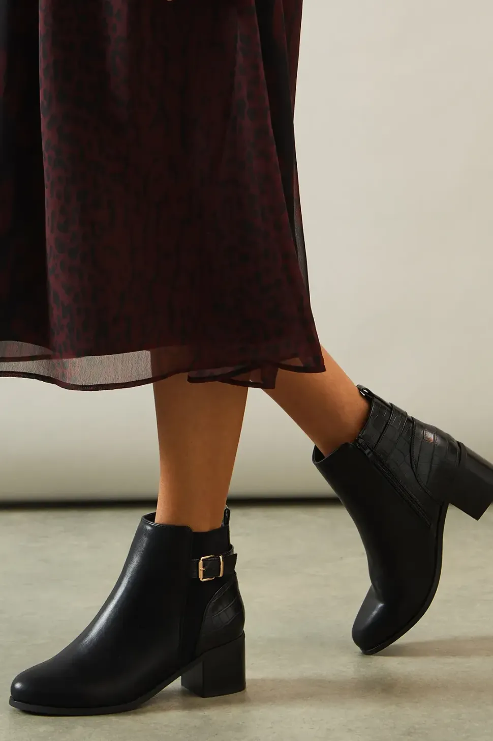 Wide Fit Apple Buckle Detail Mid Heel Ankle Boots