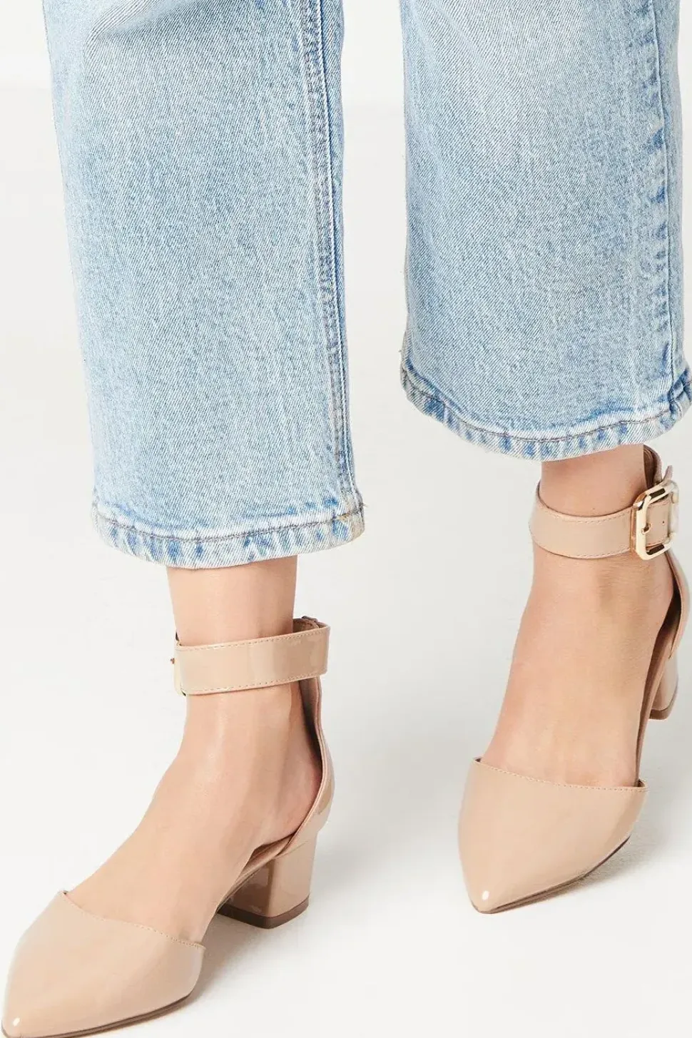 Wide Fit Derby Buckle Detail Medium Block Heel Pointed Court Shoes