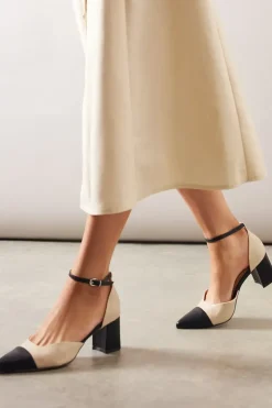 Wide Fit Dollis Pointed Two Part Toe Cap High Block Heel Court Shoes