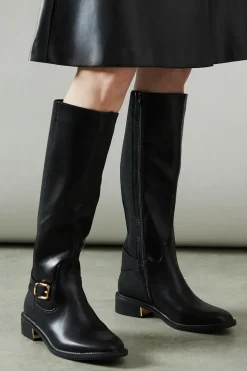 Wide Fit Holly Faux Leather Elastic Back Knee High Riding Boots