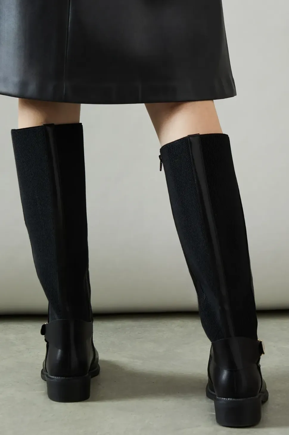 Wide Fit Holly Faux Leather Elastic Back Knee High Riding Boots