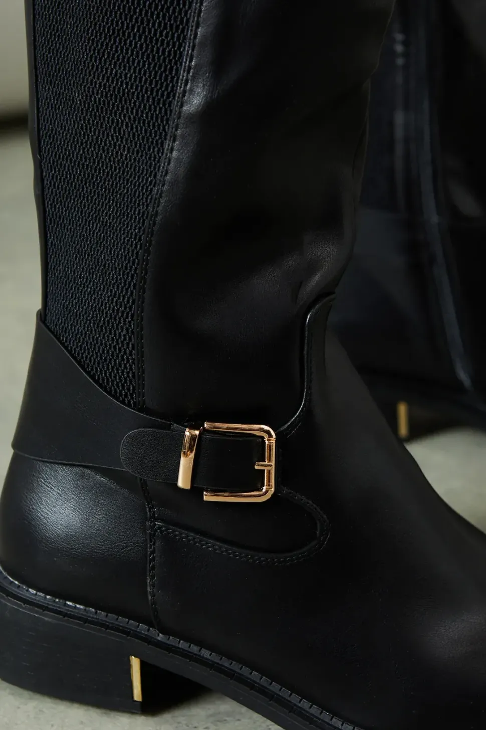 Wide Fit Holly Faux Leather Elastic Back Knee High Riding Boots