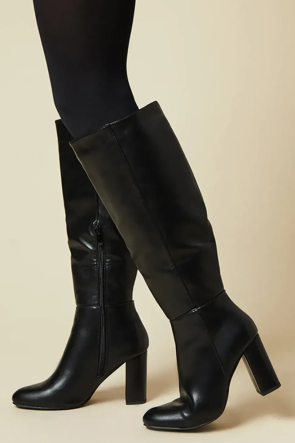 Wide Fit Liliana Almond Toe High Block Heel Knee Boots