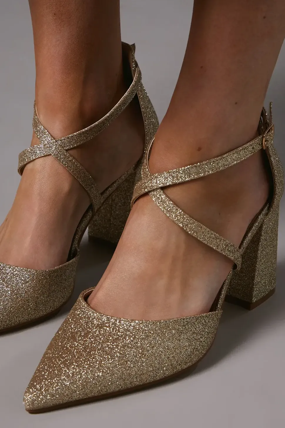 Wide Fit Treat Glittter Cross Strap Pointed Block Heel Court Shoes