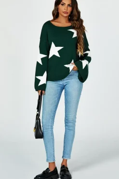 Wide Sleeve Oversize Dark Green Jumper With White Star