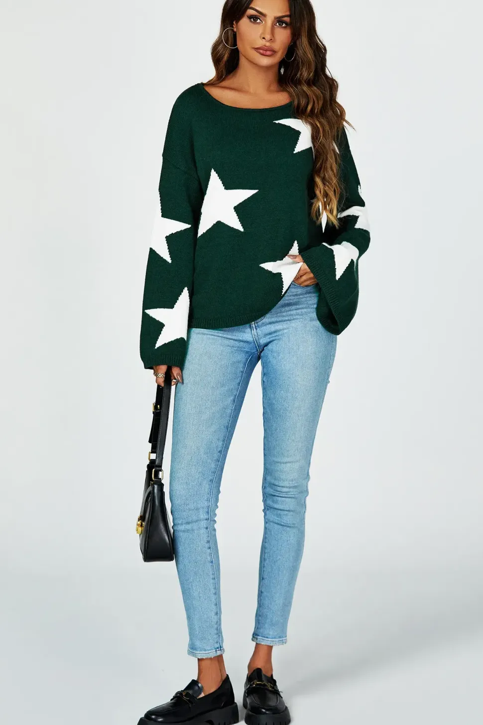 Wide Sleeve Oversize Dark Green Jumper With White Star