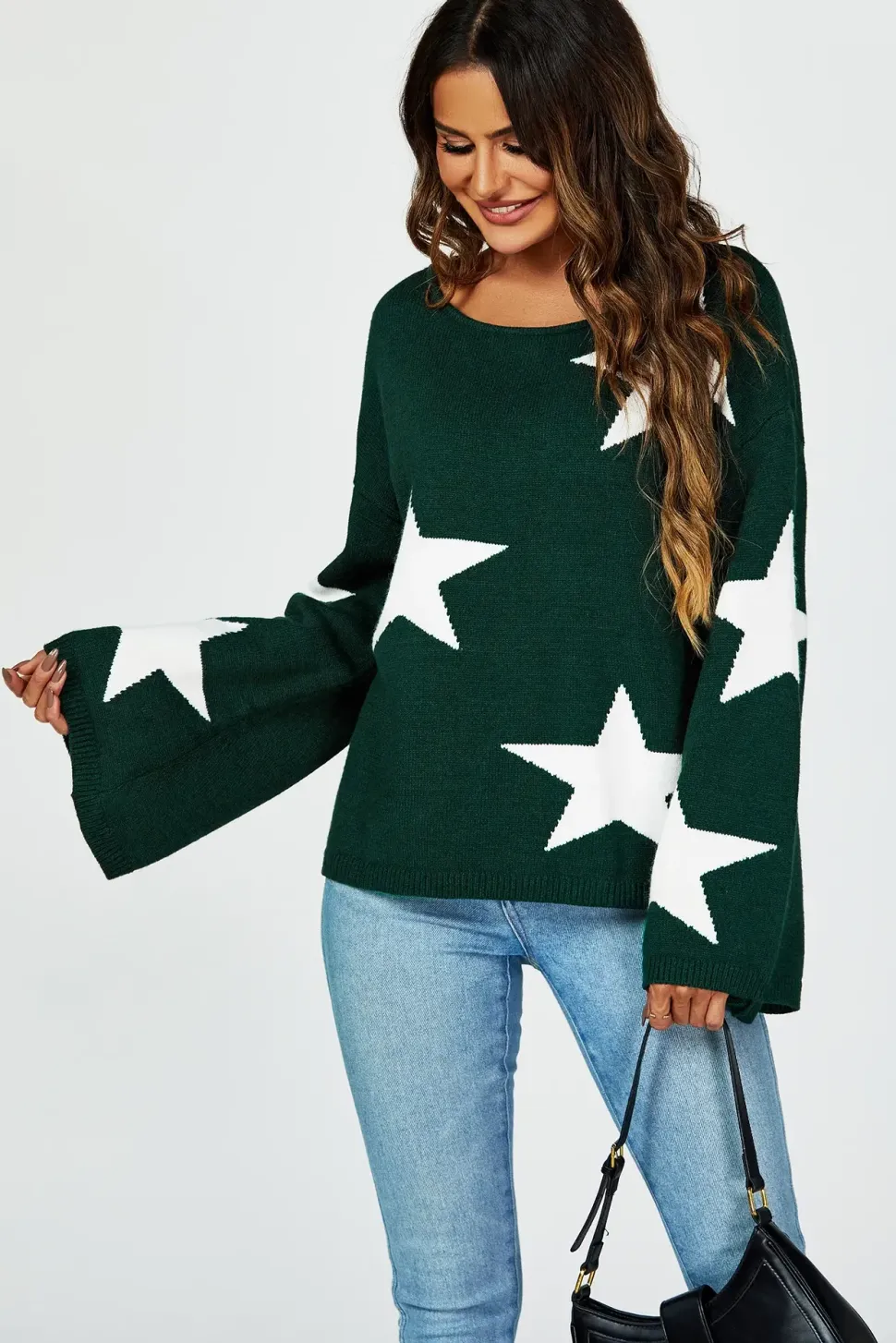 Wide Sleeve Oversize Dark Green Jumper With White Star