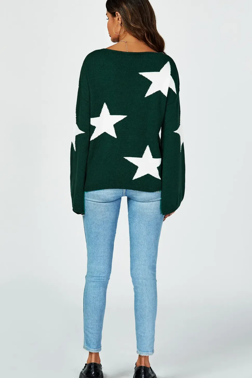 Wide Sleeve Oversize Dark Green Jumper With White Star