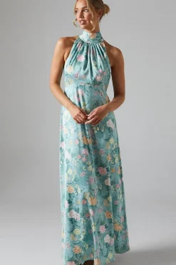 Winter Rose Printed Satin Halter Neck Maxi Bridesmaids Dress