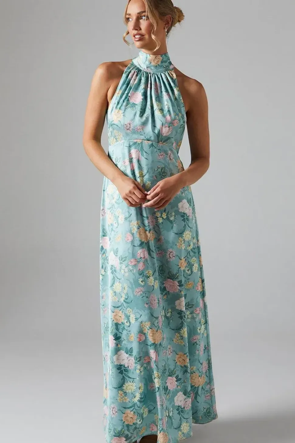 Winter Rose Printed Satin Halter Neck Maxi Bridesmaids Dress