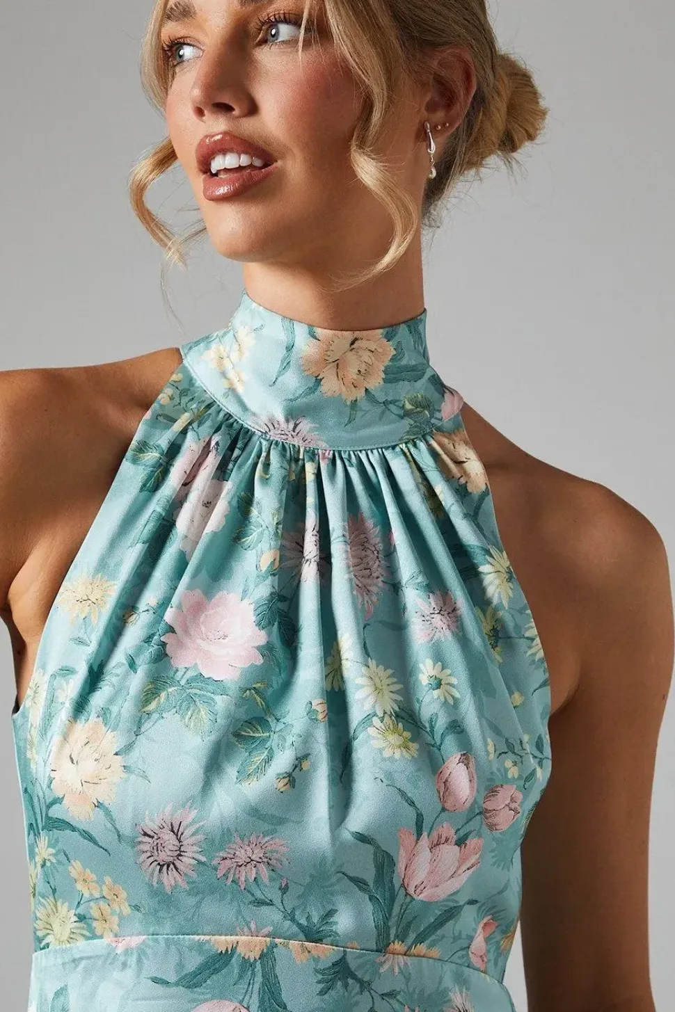 Winter Rose Printed Satin Halter Neck Maxi Bridesmaids Dress
