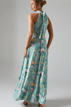 Winter Rose Printed Satin Halter Neck Maxi Bridesmaids Dress