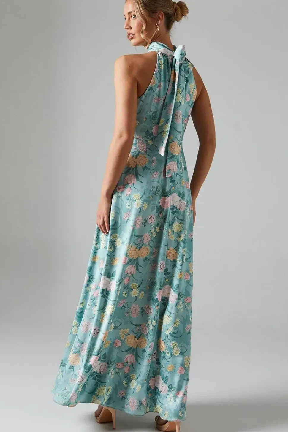 Winter Rose Printed Satin Halter Neck Maxi Bridesmaids Dress