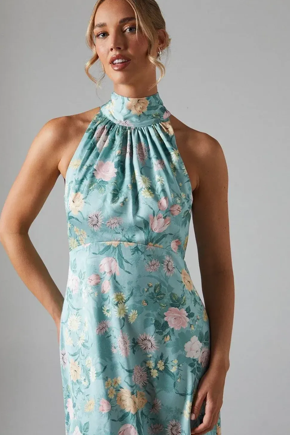 Winter Rose Printed Satin Halter Neck Maxi Bridesmaids Dress