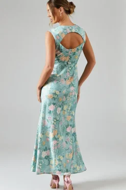Winter Rose Printed Satin V Neck Maxi Bridesmaids Dress