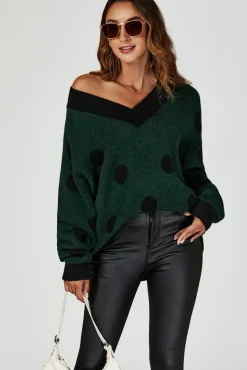 Wool Blended V Neck Jumper In Green & Black Polka Dot