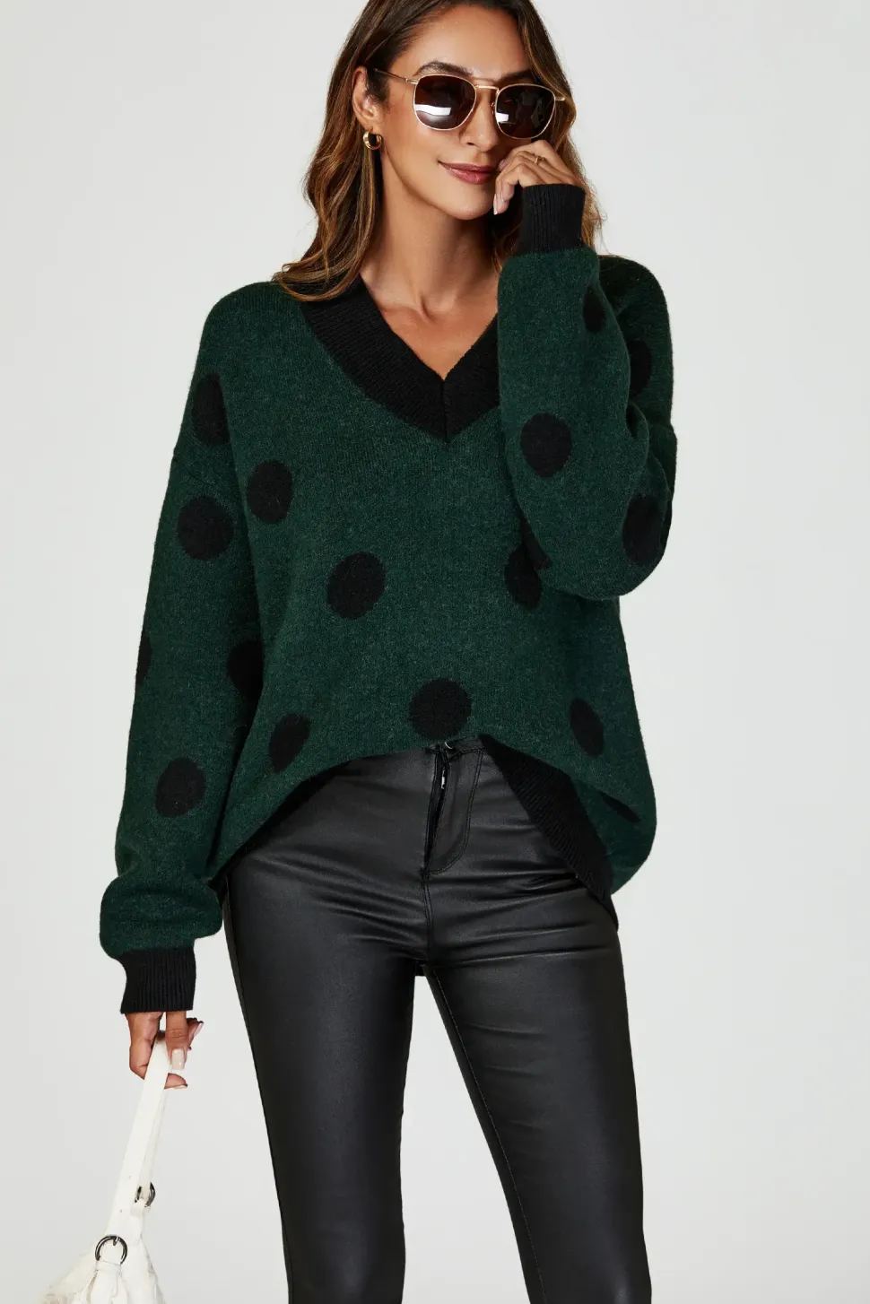 Wool Blended V Neck Jumper In Green & Black Polka Dot