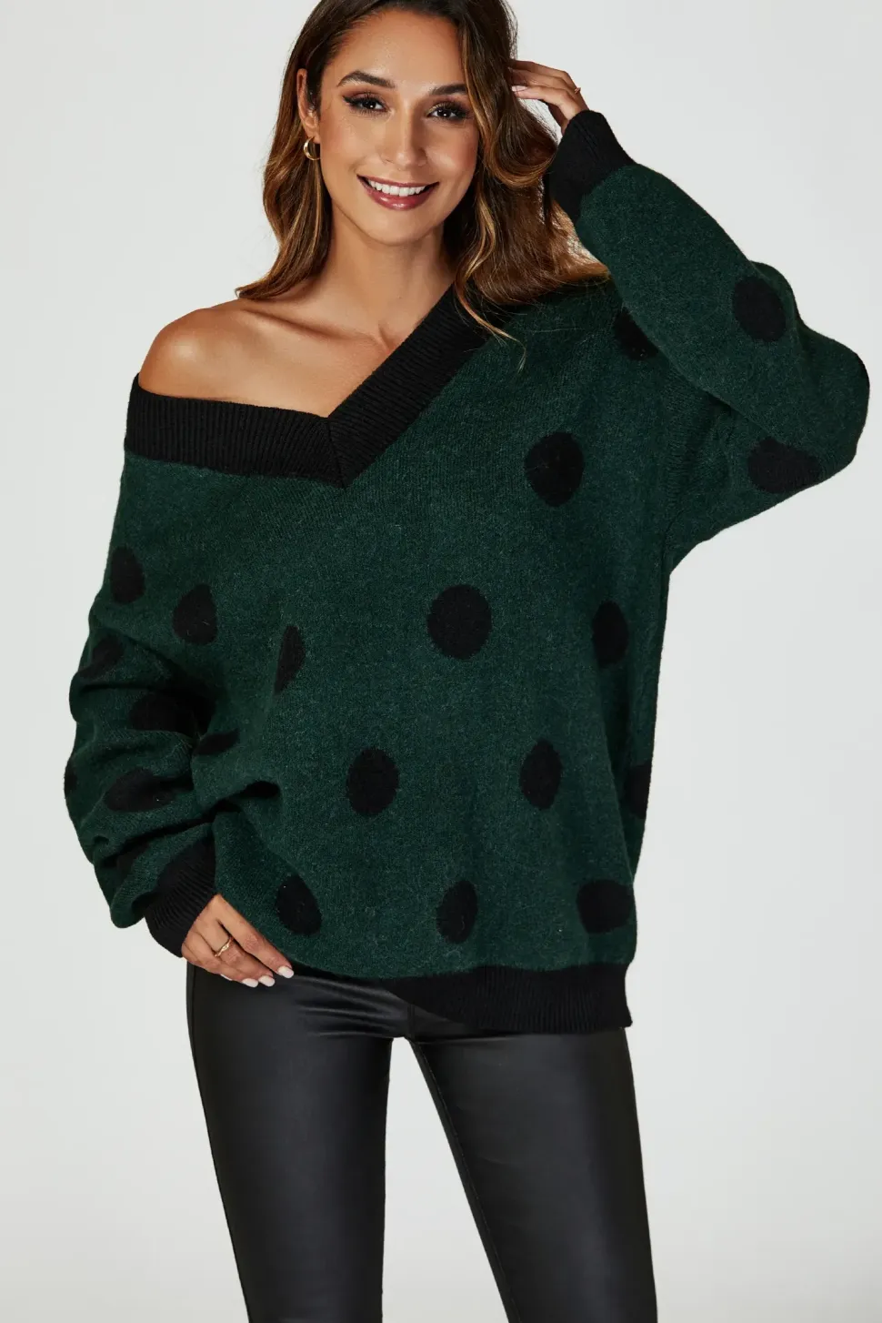 Wool Blended V Neck Jumper In Green & Black Polka Dot