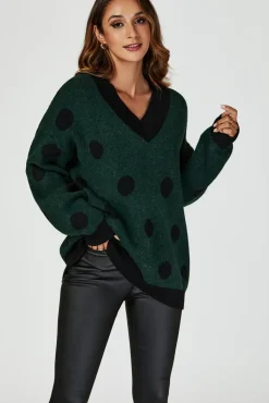 Wool Blended V Neck Jumper In Green & Black Polka Dot