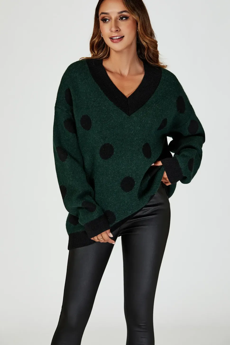 Wool Blended V Neck Jumper In Green & Black Polka Dot