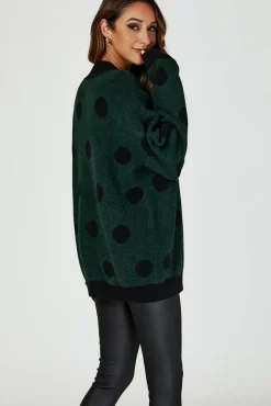 Wool Blended V Neck Jumper In Green & Black Polka Dot