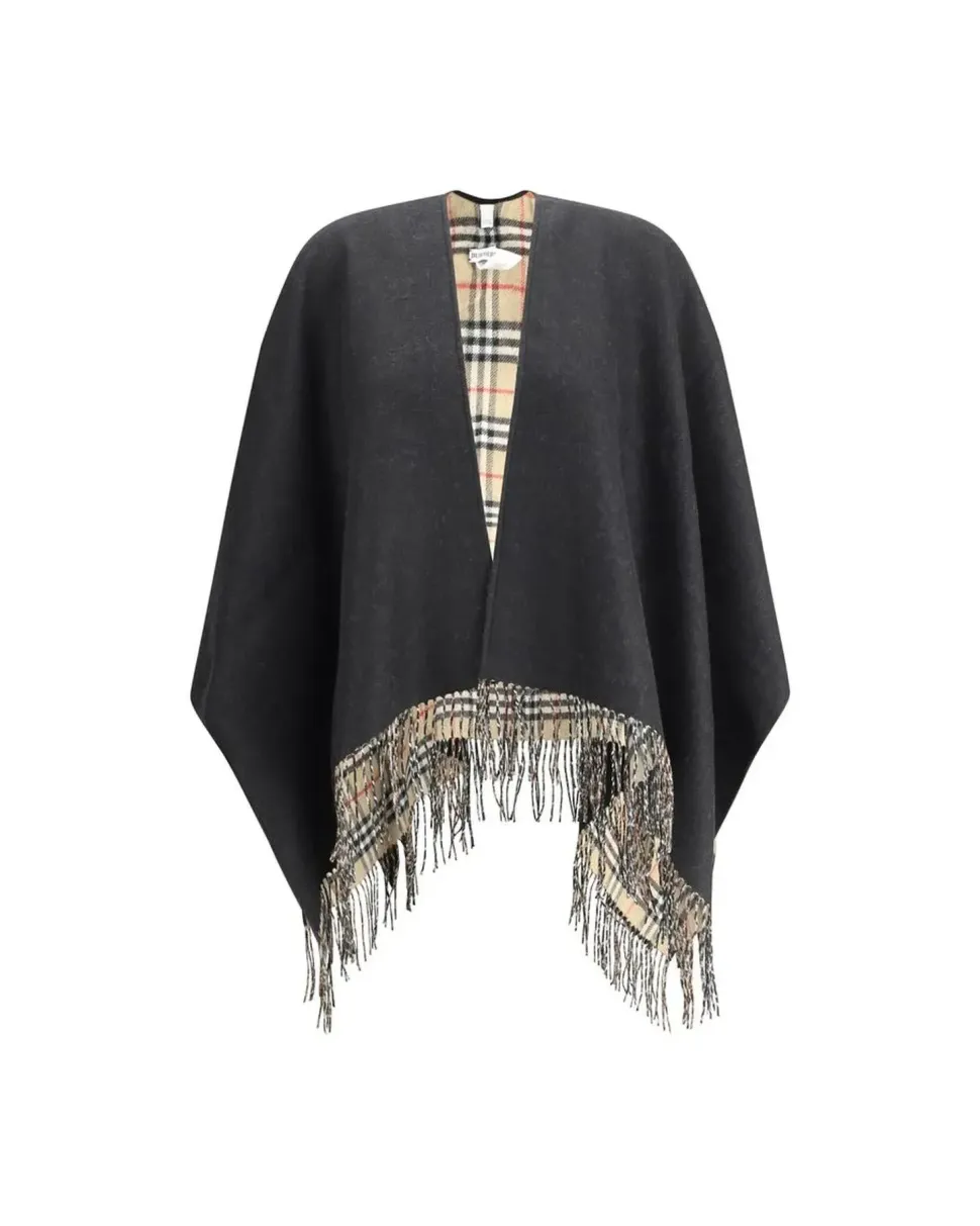 Wool Poncho with Monochrome Cape Design and Archivio Check Interior