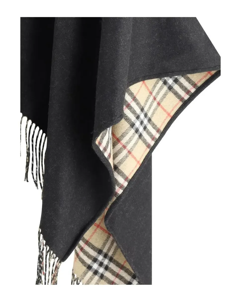 Wool Poncho with Monochrome Cape Design and Archivio Check Interior