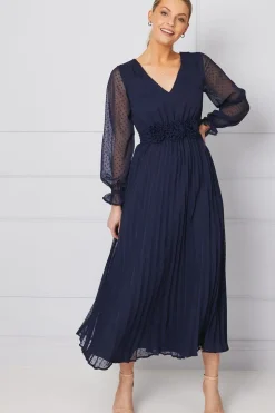 Woven Corsage Detail Pleated Midaxi Dress