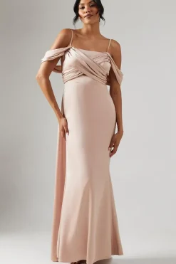 Wrap Bodice Draped Sleeve Satin Maxi Bridesmaid Dress
