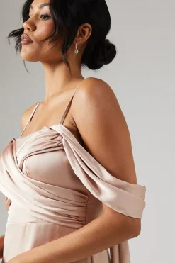 Wrap Bodice Draped Sleeve Satin Maxi Bridesmaid Dress