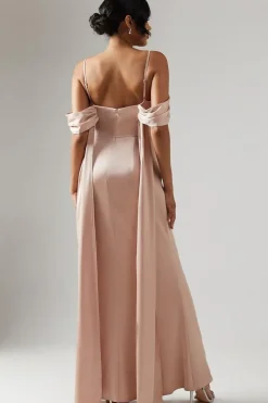 Wrap Bodice Draped Sleeve Satin Maxi Bridesmaid Dress
