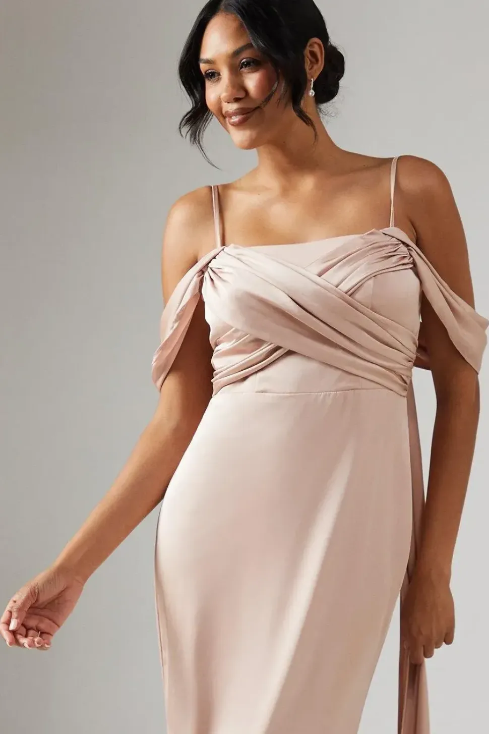 Wrap Bodice Draped Sleeve Satin Maxi Bridesmaid Dress