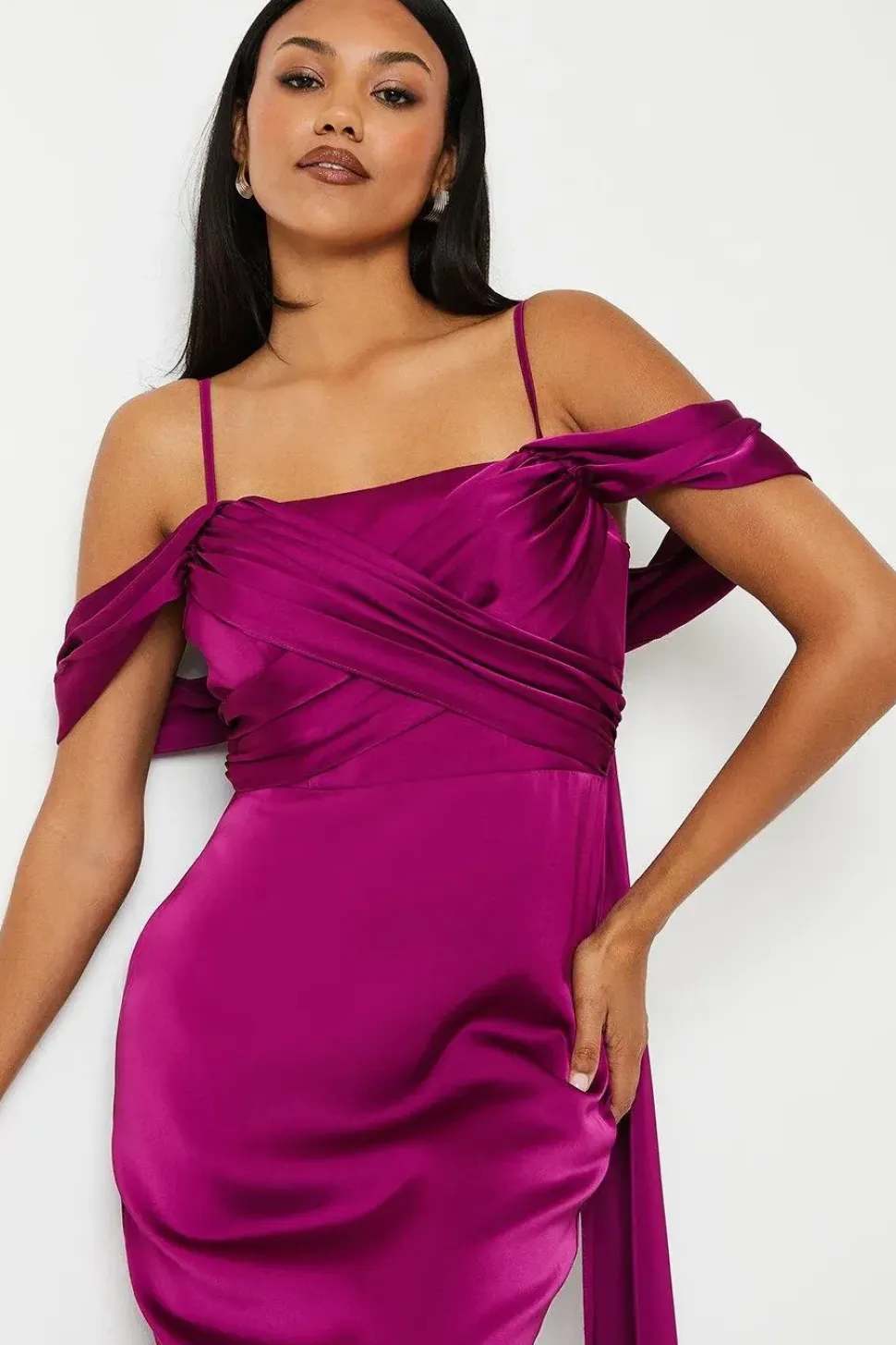 Wrap Bodice Draped Sleeve Satin Maxi Dress