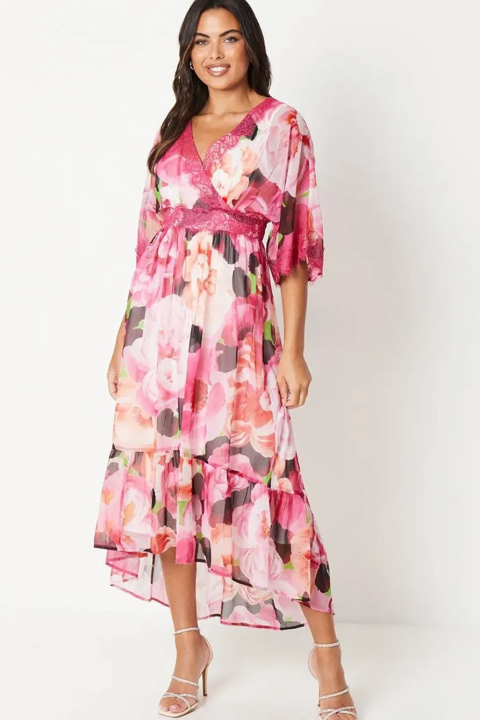 Wrap Bodice Printed Lace Trim Midi Dress